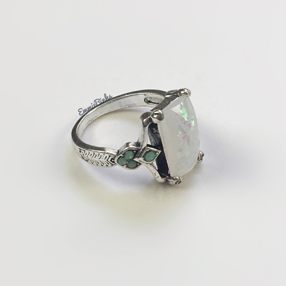 RESTOCK New Vintage Style Fire Opal Rectangular Cocktail Ring -Silver Opal Retro - Picture 10 of 16